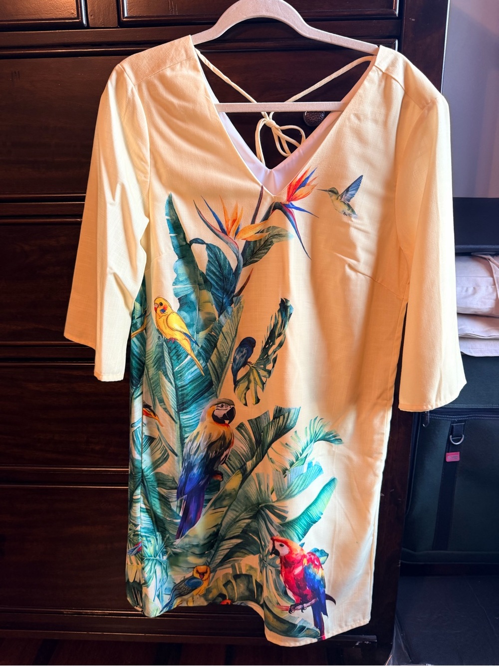 Yellow V-Neck Tropical Parrot Print Womens dress